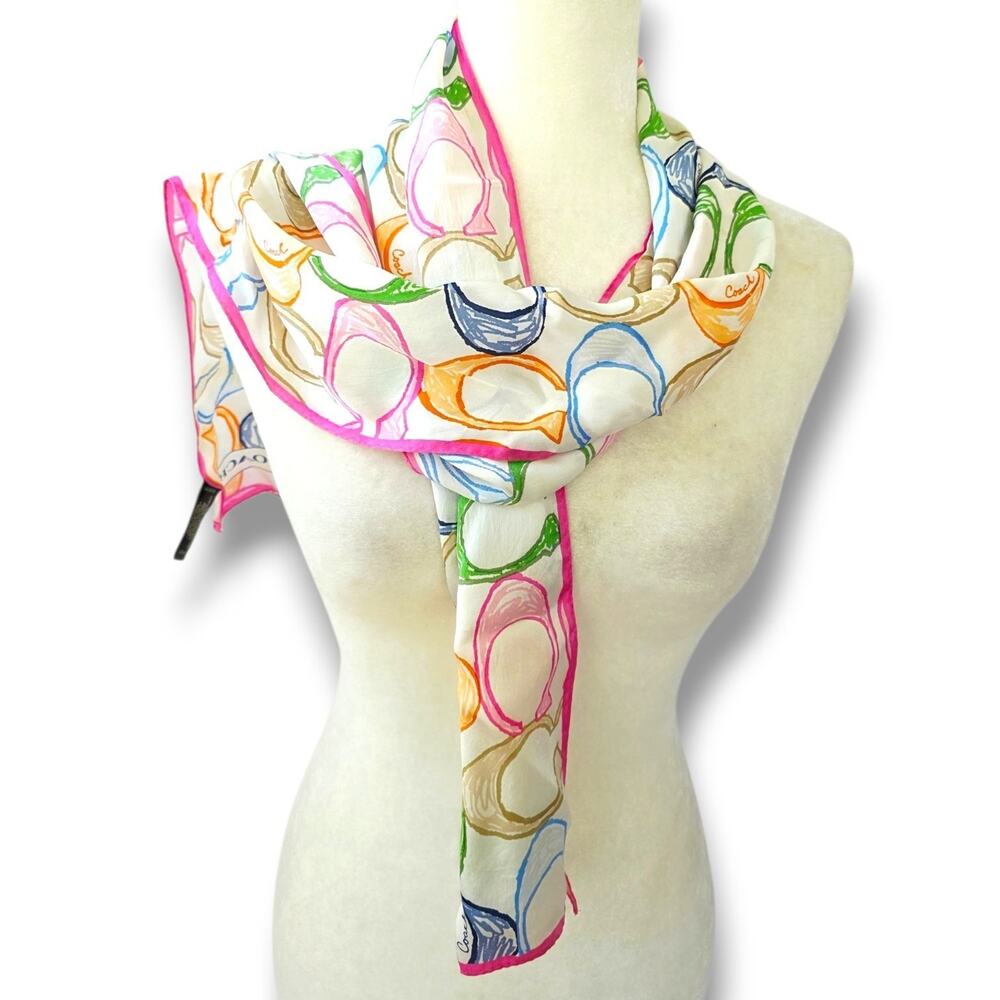 COACH Scarf Signature Rainbow Silk Satin Scarf 58 x 10 Pink Blue White Vtg 90's